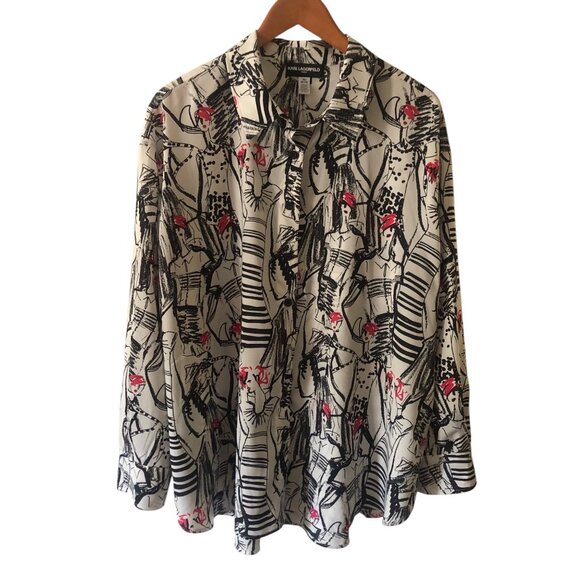 Women's Plus Size Karl Lagerfeld Paris Printed Collared Button-Front Shirt Size - Picture 1 of 8